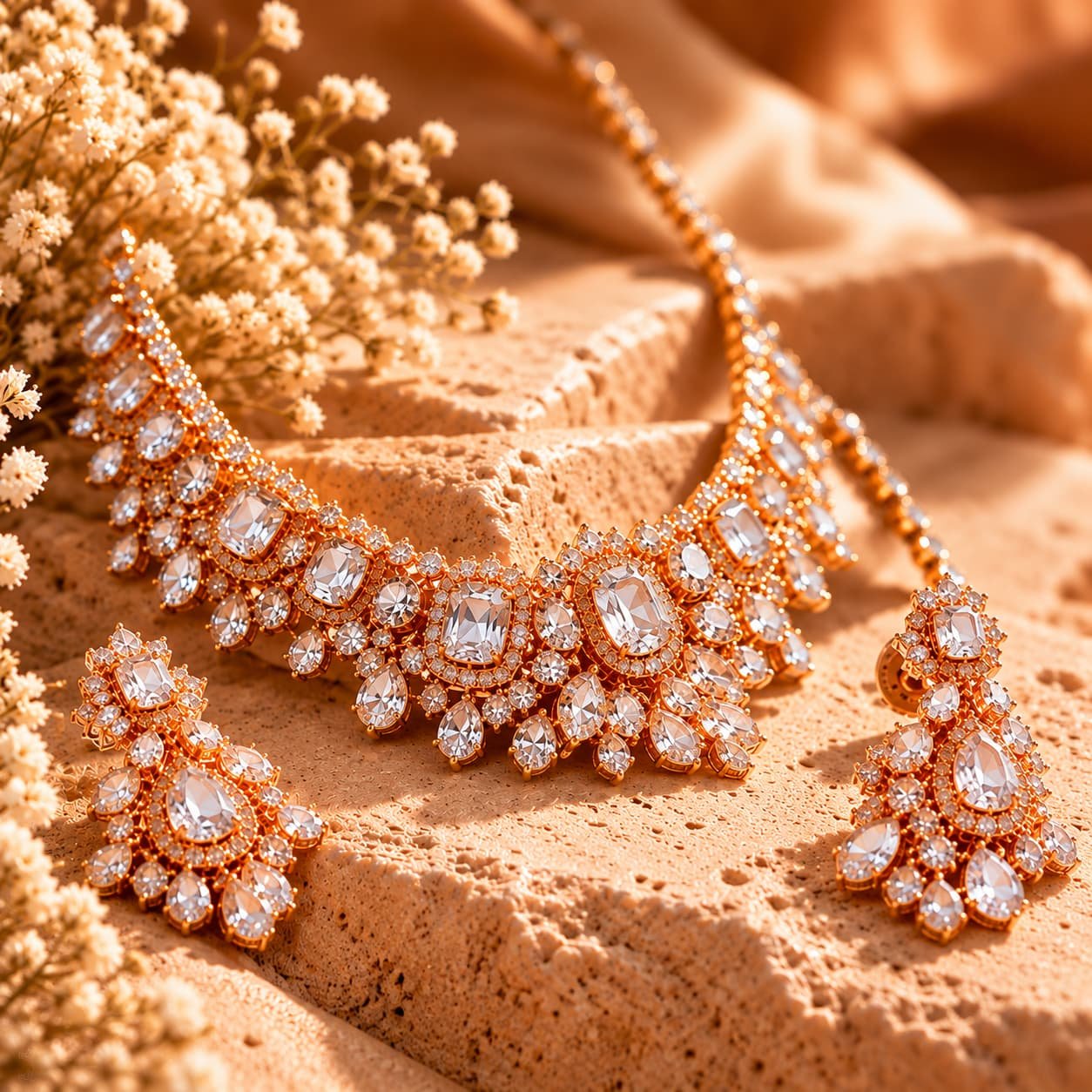Exquisite gold jewellery with sparkling white stones