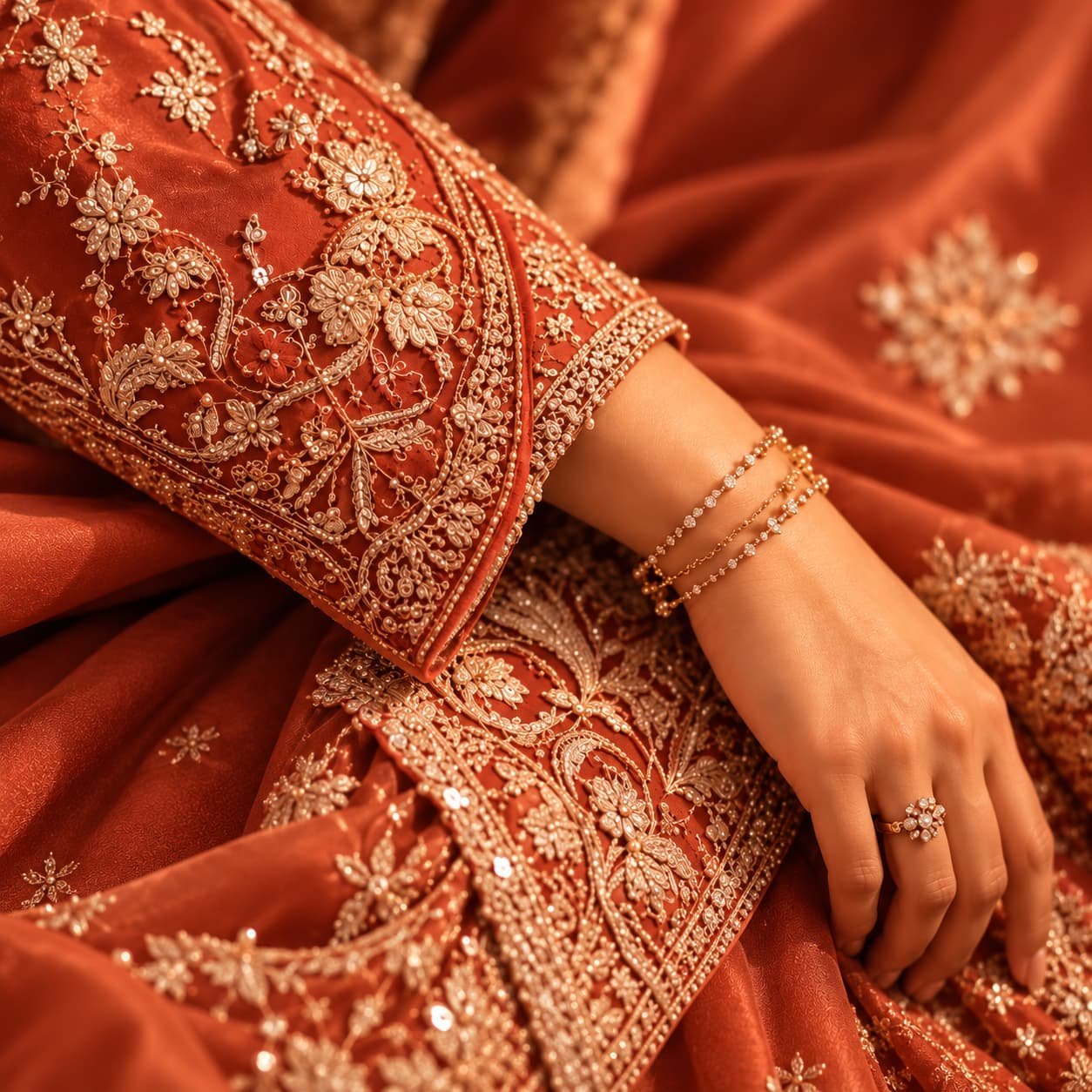Intricate terracotta bridal fashion with elegant gold embroidery