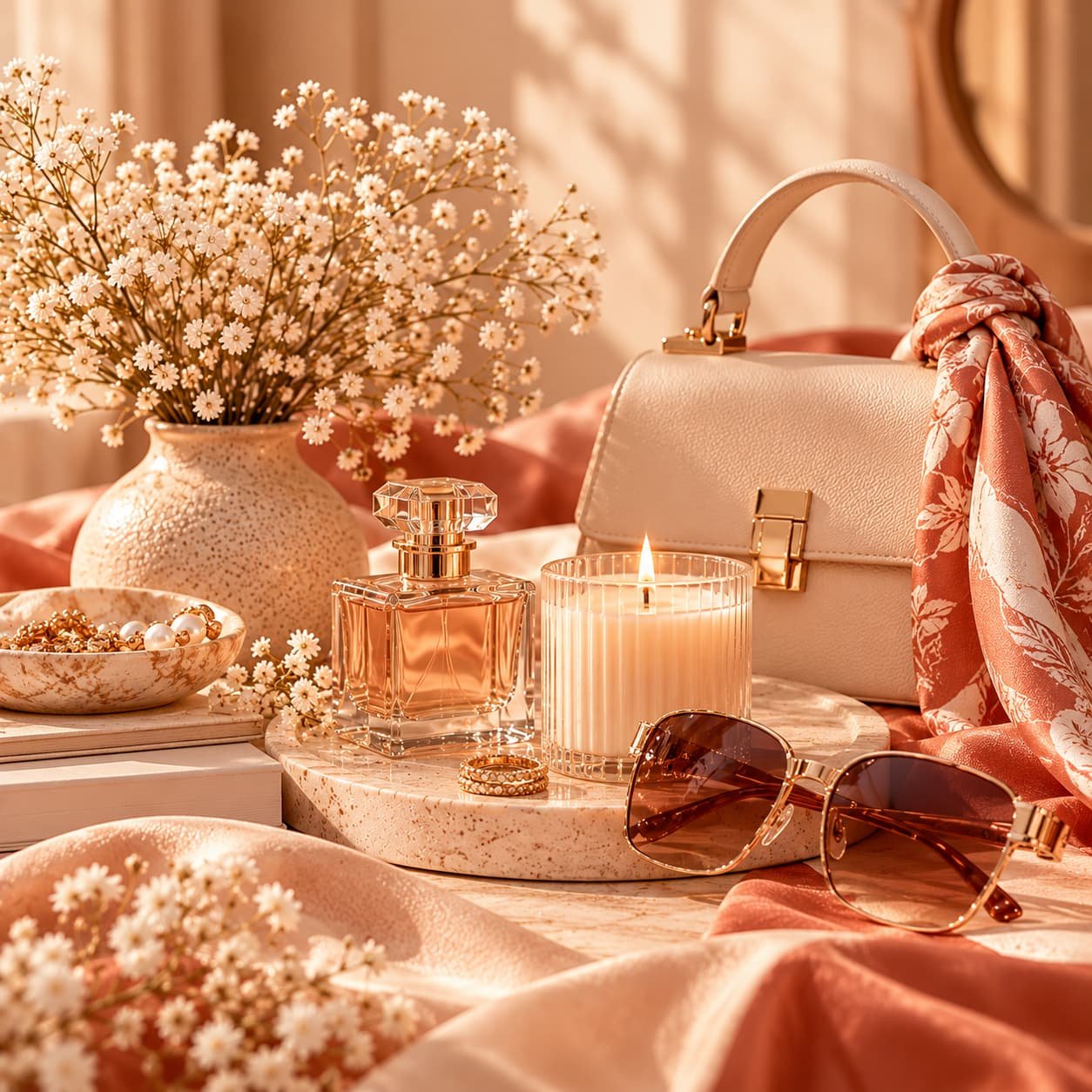 Elegant lifestyle accessories, perfume, handbag and sunglasses in cream and terracotta